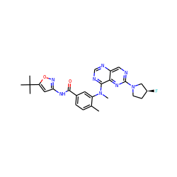 Cc1ccc(C(=O)Nc2cc(C(C)(C)C)on2)cc1N(C)c1ncnc2cnc(N3CC[C@H](F)C3)nc12 ZINC000148367214