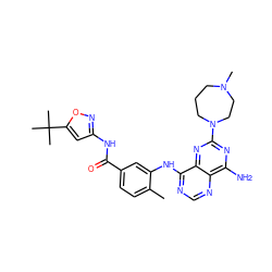 Cc1ccc(C(=O)Nc2cc(C(C)(C)C)on2)cc1Nc1ncnc2c(N)nc(N3CCCN(C)CC3)nc12 ZINC000148029704
