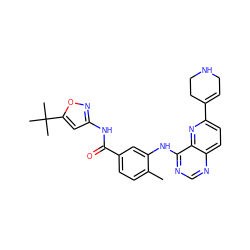 Cc1ccc(C(=O)Nc2cc(C(C)(C)C)on2)cc1Nc1ncnc2ccc(C3=CCNCC3)nc12 ZINC000096175771