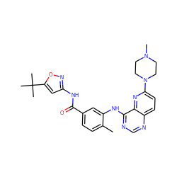 Cc1ccc(C(=O)Nc2cc(C(C)(C)C)on2)cc1Nc1ncnc2ccc(N3CCN(C)CC3)nc12 ZINC000096175722
