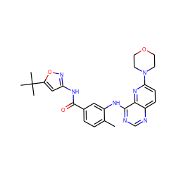 Cc1ccc(C(=O)Nc2cc(C(C)(C)C)on2)cc1Nc1ncnc2ccc(N3CCOCC3)nc12 ZINC000096175718