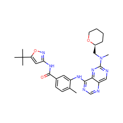 Cc1ccc(C(=O)Nc2cc(C(C)(C)C)on2)cc1Nc1ncnc2cnc(N(C)C[C@@H]3CCCCO3)nc12 ZINC000148314916
