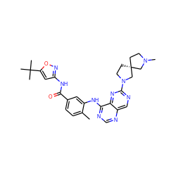 Cc1ccc(C(=O)Nc2cc(C(C)(C)C)on2)cc1Nc1ncnc2cnc(N3CC[C@@]4(CCN(C)C4)C3)nc12 ZINC000148374958