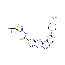 Cc1ccc(C(=O)Nc2cc(C(C)(C)C)on2)cc1Nc1ncnc2cnc(N3CCC(N(C)C)CC3)nc12 ZINC000148324368