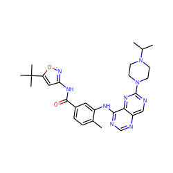Cc1ccc(C(=O)Nc2cc(C(C)(C)C)on2)cc1Nc1ncnc2cnc(N3CCN(C(C)C)CC3)nc12 ZINC000148321042