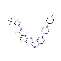 Cc1ccc(C(=O)Nc2cc(C(C)(C)C)on2)cc1Nc1ncnc2cnc(N3CCN(C4CCN(C)CC4)CC3)nc12 ZINC000148317313