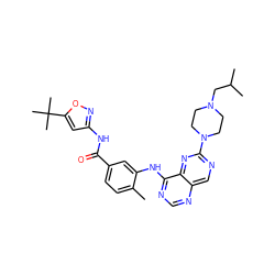 Cc1ccc(C(=O)Nc2cc(C(C)(C)C)on2)cc1Nc1ncnc2cnc(N3CCN(CC(C)C)CC3)nc12 ZINC000148322653