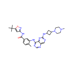 Cc1ccc(C(=O)Nc2cc(C(C)(C)C)on2)cc1Nc1ncnc2cnc(NC3CC(N4CCN(C)CC4)C3)nc12 ZINC000148372538
