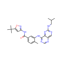 Cc1ccc(C(=O)Nc2cc(C(C)(C)C)on2)cc1Nc1ncnc2cnc(NCC(C)C)nc12 ZINC000148317781