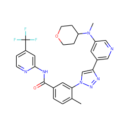 Cc1ccc(C(=O)Nc2cc(C(F)(F)F)ccn2)cc1-n1cc(-c2cncc(N(C)C3CCOCC3)c2)nn1 ZINC000224283877
