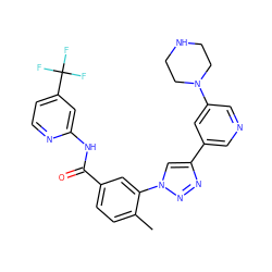 Cc1ccc(C(=O)Nc2cc(C(F)(F)F)ccn2)cc1-n1cc(-c2cncc(N3CCNCC3)c2)nn1 ZINC000199378905
