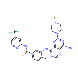 Cc1ccc(C(=O)Nc2cc(C(F)(F)F)ccn2)cc1Nc1ncnc2c(N)nc(N3CCN(C)CC3)nc12 ZINC000148051504