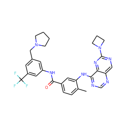 Cc1ccc(C(=O)Nc2cc(CN3CCCC3)cc(C(F)(F)F)c2)cc1Nc1ncnc2cnc(N3CCC3)nc12 ZINC000148105507