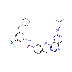 Cc1ccc(C(=O)Nc2cc(CN3CCCC3)cc(C(F)(F)F)c2)cc1Nc1ncnc2cnc(NCC(C)C)nc12 ZINC000148139975