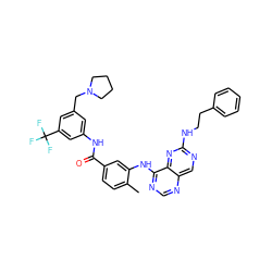 Cc1ccc(C(=O)Nc2cc(CN3CCCC3)cc(C(F)(F)F)c2)cc1Nc1ncnc2cnc(NCCc3ccccc3)nc12 ZINC000148144905