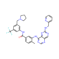 Cc1ccc(C(=O)Nc2cc(CN3CCCC3)cc(C(F)(F)F)c2)cc1Nc1ncnc2cnc(NCc3ccccn3)nc12 ZINC000148140191