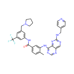 Cc1ccc(C(=O)Nc2cc(CN3CCCC3)cc(C(F)(F)F)c2)cc1Nc1ncnc2cnc(NCc3ccncc3)nc12 ZINC000148144024
