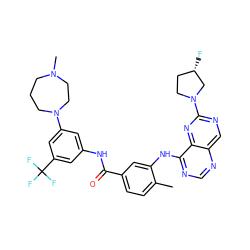 Cc1ccc(C(=O)Nc2cc(N3CCCN(C)CC3)cc(C(F)(F)F)c2)cc1Nc1ncnc2cnc(N3CC[C@H](F)C3)nc12 ZINC000148307176
