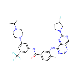 Cc1ccc(C(=O)Nc2cc(N3CCN(C(C)C)CC3)cc(C(F)(F)F)c2)cc1Nc1ncnc2cnc(N3CC[C@H](F)C3)nc12 ZINC000165277017