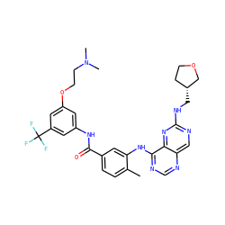 Cc1ccc(C(=O)Nc2cc(OCCN(C)C)cc(C(F)(F)F)c2)cc1Nc1ncnc2cnc(NC[C@@H]3CCOC3)nc12 ZINC000148162673