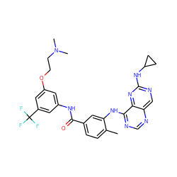 Cc1ccc(C(=O)Nc2cc(OCCN(C)C)cc(C(F)(F)F)c2)cc1Nc1ncnc2cnc(NC3CC3)nc12 ZINC000148165042