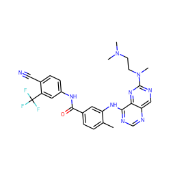 Cc1ccc(C(=O)Nc2ccc(C#N)c(C(F)(F)F)c2)cc1Nc1ncnc2cnc(N(C)CCN(C)C)nc12 ZINC000148232385