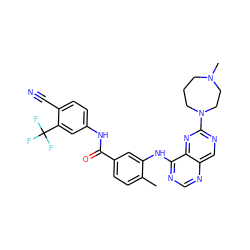 Cc1ccc(C(=O)Nc2ccc(C#N)c(C(F)(F)F)c2)cc1Nc1ncnc2cnc(N3CCCN(C)CC3)nc12 ZINC000148229412
