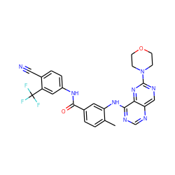 Cc1ccc(C(=O)Nc2ccc(C#N)c(C(F)(F)F)c2)cc1Nc1ncnc2cnc(N3CCOCC3)nc12 ZINC000148250560