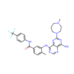 Cc1ccc(C(=O)Nc2ccc(C(F)(F)F)cc2)cc1Nc1ncnc2c(N)nc(N3CCCN(C)CC3)nc12 ZINC000148026386