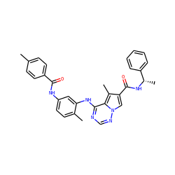 Cc1ccc(C(=O)Nc2ccc(C)c(Nc3ncnn4cc(C(=O)N[C@@H](C)c5ccccc5)c(C)c34)c2)cc1 ZINC000029049765