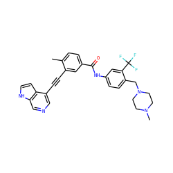 Cc1ccc(C(=O)Nc2ccc(CN3CCN(C)CC3)c(C(F)(F)F)c2)cc1C#Cc1cncc2[nH]ccc12 ZINC000222175489