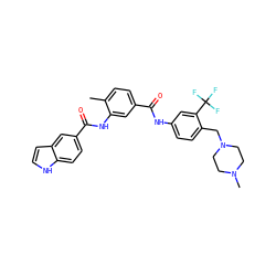 Cc1ccc(C(=O)Nc2ccc(CN3CCN(C)CC3)c(C(F)(F)F)c2)cc1NC(=O)c1ccc2[nH]ccc2c1 ZINC000169311387