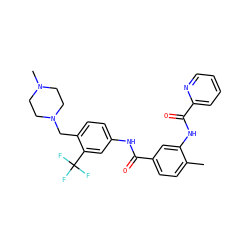 Cc1ccc(C(=O)Nc2ccc(CN3CCN(C)CC3)c(C(F)(F)F)c2)cc1NC(=O)c1ccccn1 ZINC000169311229