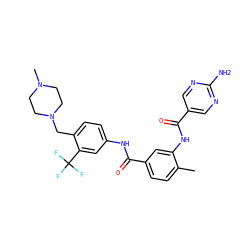 Cc1ccc(C(=O)Nc2ccc(CN3CCN(C)CC3)c(C(F)(F)F)c2)cc1NC(=O)c1cnc(N)nc1 ZINC000169311238