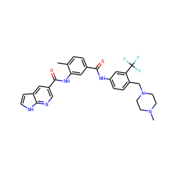 Cc1ccc(C(=O)Nc2ccc(CN3CCN(C)CC3)c(C(F)(F)F)c2)cc1NC(=O)c1cnc2[nH]ccc2c1 ZINC000140118811