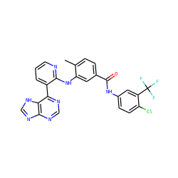 Cc1ccc(C(=O)Nc2ccc(Cl)c(C(F)(F)F)c2)cc1Nc1ncccc1-c1ncnc2nc[nH]c12 ZINC000215310394