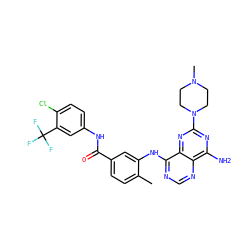 Cc1ccc(C(=O)Nc2ccc(Cl)c(C(F)(F)F)c2)cc1Nc1ncnc2c(N)nc(N3CCN(C)CC3)nc12 ZINC000148051766