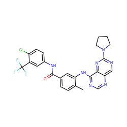 Cc1ccc(C(=O)Nc2ccc(Cl)c(C(F)(F)F)c2)cc1Nc1ncnc2cnc(N3CCCC3)nc12 ZINC000148223977