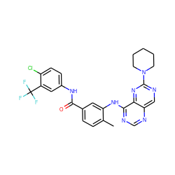 Cc1ccc(C(=O)Nc2ccc(Cl)c(C(F)(F)F)c2)cc1Nc1ncnc2cnc(N3CCCCC3)nc12 ZINC000148246021