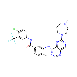 Cc1ccc(C(=O)Nc2ccc(Cl)c(C(F)(F)F)c2)cc1Nc1ncnc2cnc(N3CCCN(C)CC3)nc12 ZINC000148200169