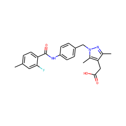 Cc1ccc(C(=O)Nc2ccc(Cn3nc(C)c(CC(=O)O)c3C)cc2)c(F)c1 ZINC000146412490