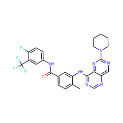 Cc1ccc(C(=O)Nc2ccc(F)c(C(F)(F)F)c2)cc1Nc1ncnc2cnc(N3CCCCC3)nc12 ZINC000148245589