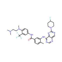Cc1ccc(C(=O)Nc2ccc(N(C)CCN(C)C)c(C(F)(F)F)c2)cc1Nc1ncnc2cnc(N3CCC(F)CC3)nc12 ZINC000148147619