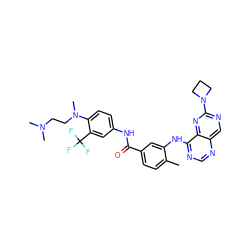 Cc1ccc(C(=O)Nc2ccc(N(C)CCN(C)C)c(C(F)(F)F)c2)cc1Nc1ncnc2cnc(N3CCC3)nc12 ZINC000148146310
