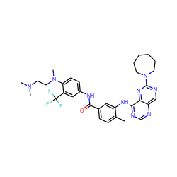 Cc1ccc(C(=O)Nc2ccc(N(C)CCN(C)C)c(C(F)(F)F)c2)cc1Nc1ncnc2cnc(N3CCCCCC3)nc12 ZINC000148145853