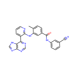 Cc1ccc(C(=O)Nc2cccc(C#N)c2)cc1Nc1ncccc1-c1ncnc2nc[nH]c12 ZINC000215319161