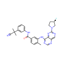 Cc1ccc(C(=O)Nc2cccc(C(C)(C)C#N)c2)cc1Nc1ncnc2cnc(N3CC[C@@H](F)C3)nc12 ZINC000148193233