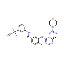 Cc1ccc(C(=O)Nc2cccc(C(C)(C)C#N)c2)cc1Nc1ncnc2cnc(N3CCOCC3)nc12 ZINC000148243527