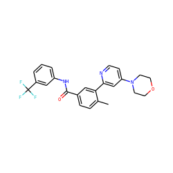 Cc1ccc(C(=O)Nc2cccc(C(F)(F)F)c2)cc1-c1cc(N2CCOCC2)ccn1 ZINC000220602645