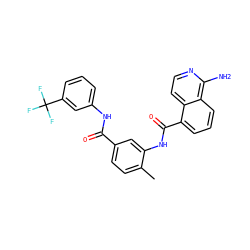 Cc1ccc(C(=O)Nc2cccc(C(F)(F)F)c2)cc1NC(=O)c1cccc2c(N)nccc12 ZINC001772571689